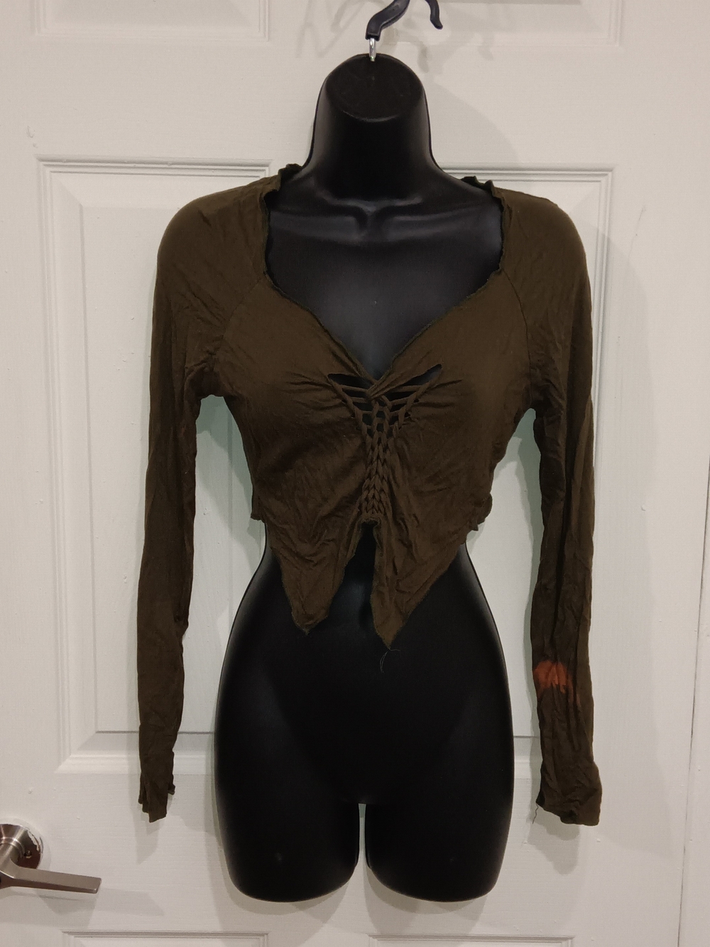 SHEIN Olive Green Crochet-Front Long Sleeve Crop Top